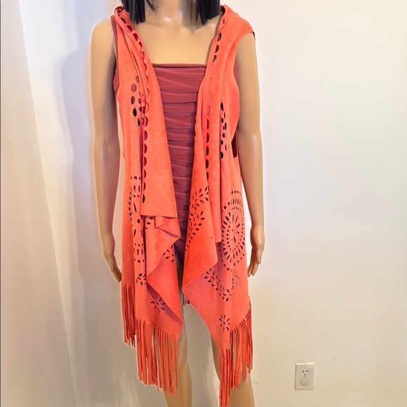 Coral Sleeveless Hooded Vest with Fringe - Picture 1 of 15